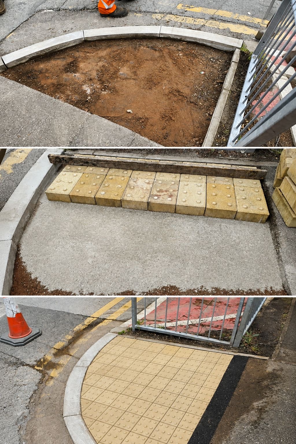 Tactile paving with radius curb installation